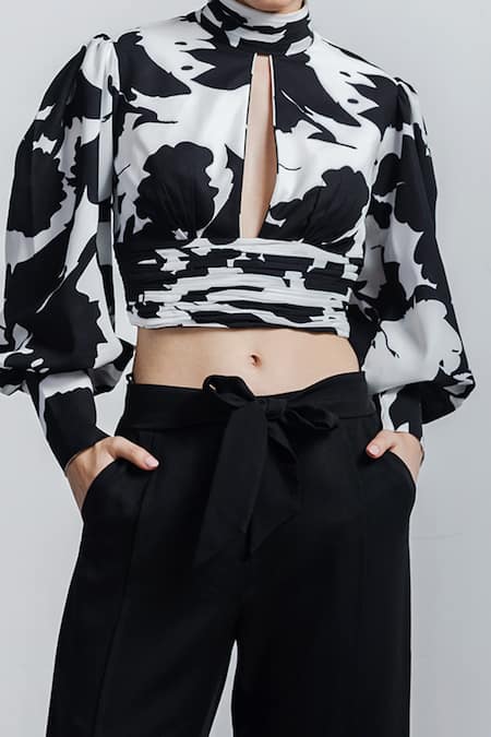 Zosia_Black Recycled Polyester Abstract Print High Crop Top And Pant Set _Online_at_Aza_Fashions