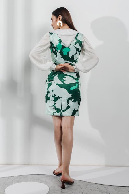 Shop_Zosia_White Recycled Polyester Digital Print Shirt Collar Dress V Neck With _at_Aza_Fashions