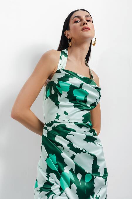 Zosia_Green Recycled Polyester Digital Print Halter Dress_Online_at_Aza_Fashions