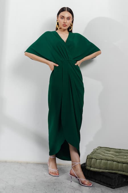 Zosia Green Banana Polyester V Neck Kimono Draped Dress 