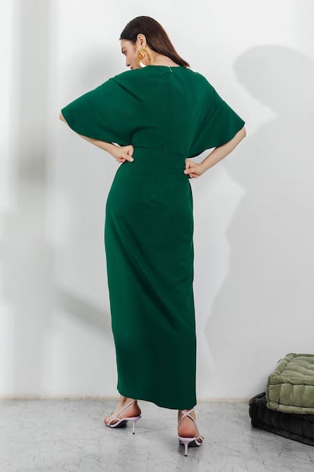 Shop Zosia Green Banana Polyester V Neck Kimono Draped Dress at Aza Fashions Shop_Zosia_Green Banana Polyester V Neck Kimono Draped Dress _at_Aza_Fashions