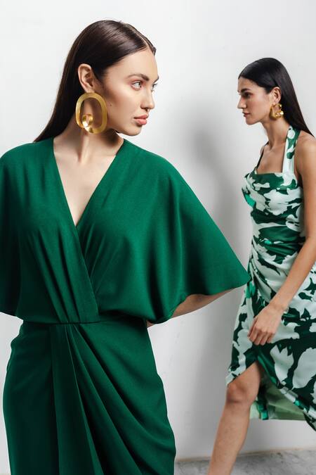 Buy Zosia Green Banana Polyester V Neck Kimono Draped Dress Online at Aza Fashions Buy_Zosia_Green Banana Polyester V Neck Kimono Draped Dress _Online_at_Aza_Fashions