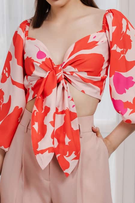 Buy_Zosia_Beige Recycled Polyester Digital Print Sweetheart Neck Crop Top And Trouser Set_Online_at_Aza_Fashions