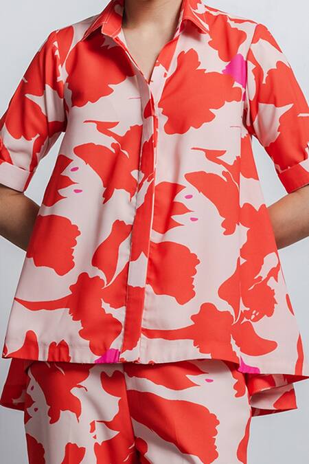 Zosia_Orange Recycled Polyester Digital Print Collared Neck Shirt And Pant Set_Online_at_Aza_Fashions
