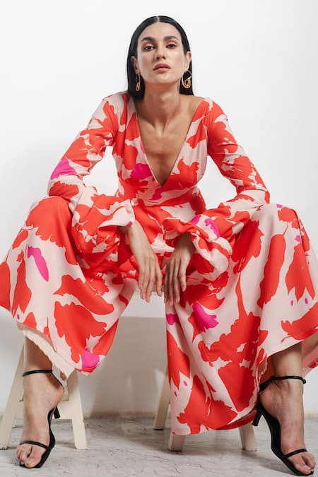 Zosia_Orange Recycled Polyester Digital Print V Neck Jumpsuit _Online_at_Aza_Fashions