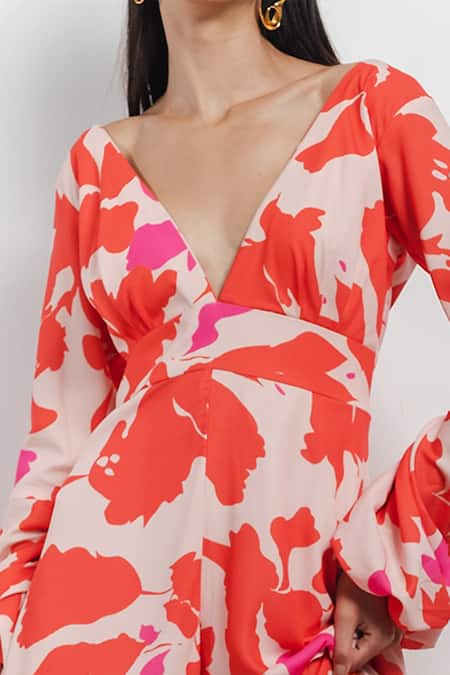 Buy_Zosia_Orange Recycled Polyester Digital Print V Neck Jumpsuit _Online_at_Aza_Fashions