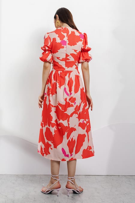 Shop Zosia Orange Recycled Polyester Digital Print V Neck Midi Dress at Aza Fashions Shop_Zosia_Orange Recycled Polyester Digital Print V Neck Midi Dress _at_Aza_Fashions