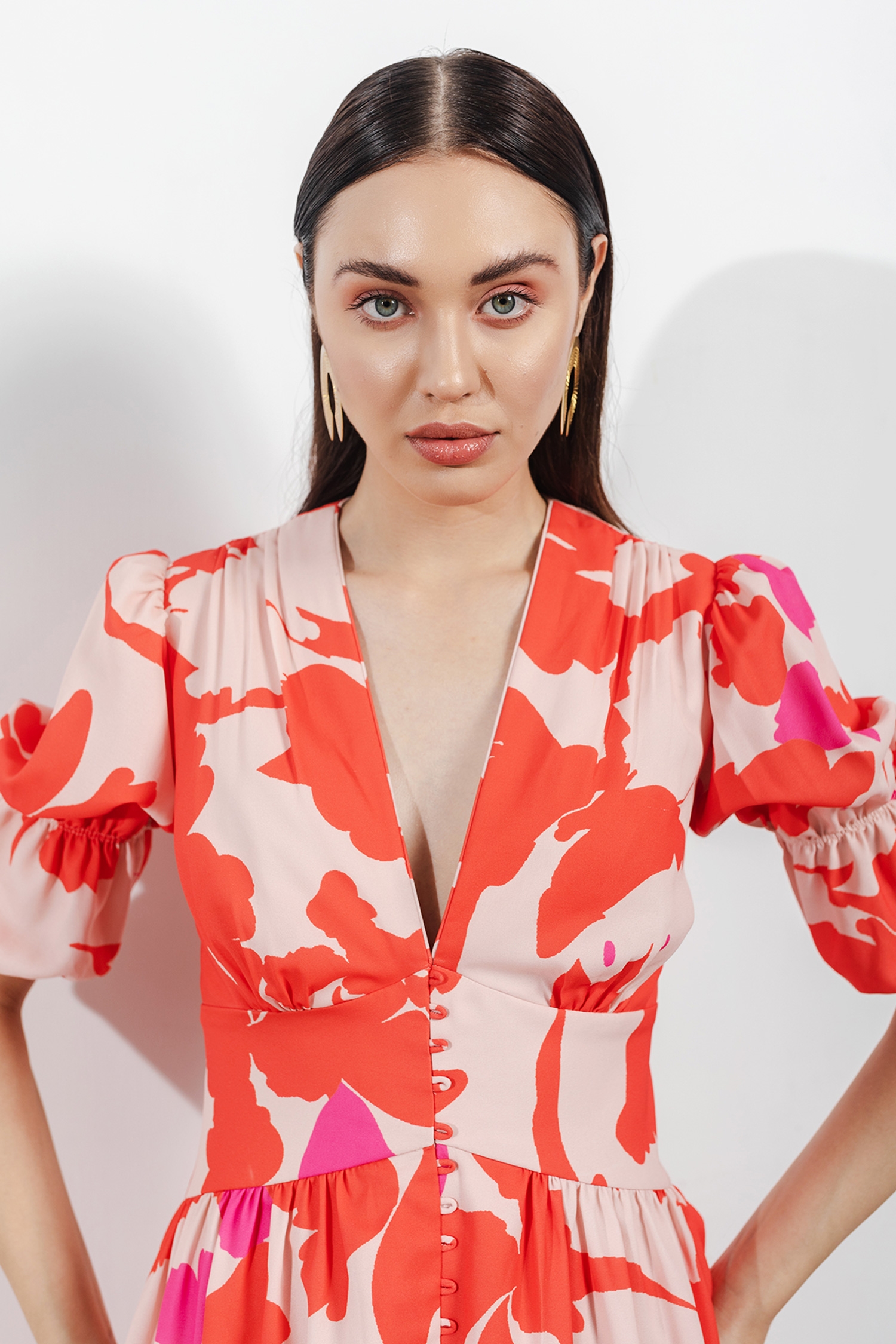 Zosia Orange Recycled Polyester Digital Print V Neck Midi Dress Online at Aza Fashions Zosia_Orange Recycled Polyester Digital Print V Neck Midi Dress _Online_at_Aza_Fashions