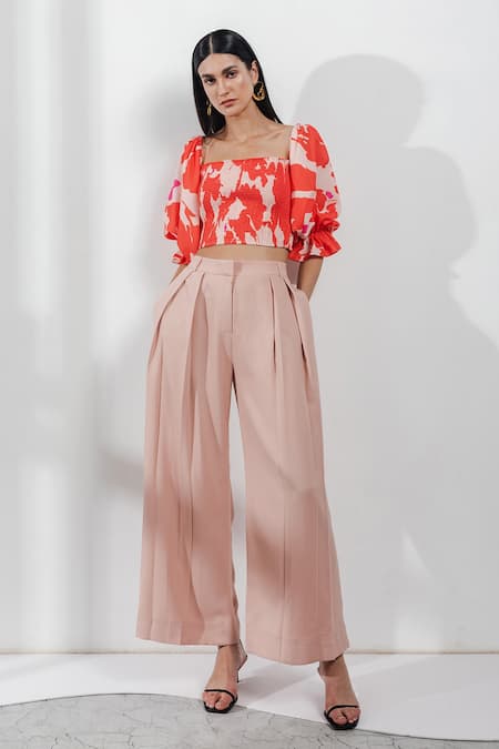 Zosia_Beige Recycled Polyester Digital Print Square Neck Crop Top And Pant Set_Online_at_Aza_Fashions