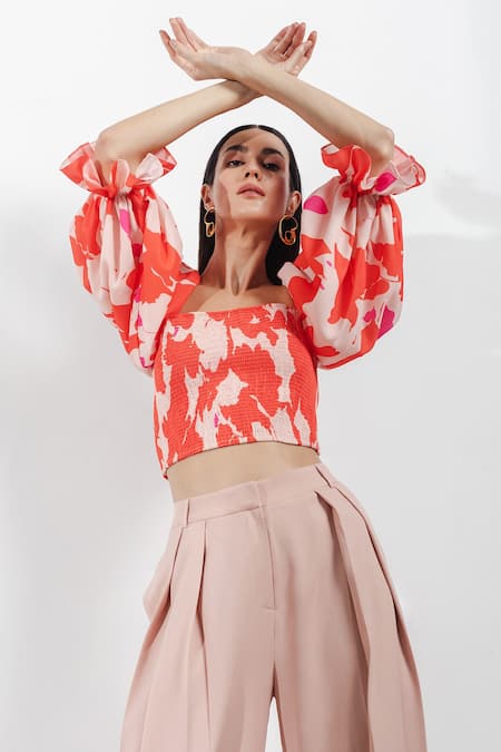 Buy_Zosia_Beige Recycled Polyester Digital Print Square Neck Crop Top And Pant Set_Online_at_Aza_Fashions