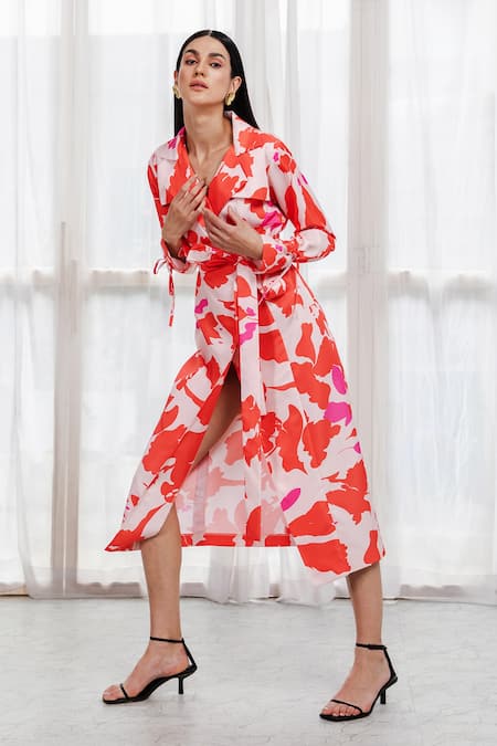 Zosia_Orange Recycled Polyester Digital Print Collared Neck Midi Dress_Online_at_Aza_Fashions