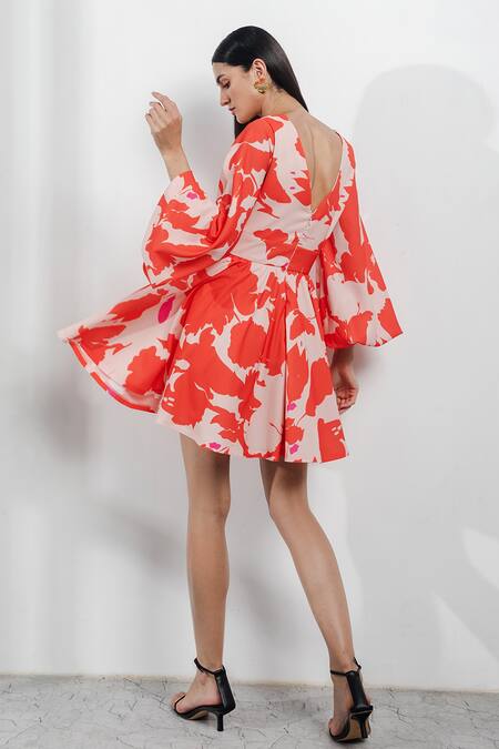Shop_Zosia_Orange Recycled Polyester Digital Print V Neck Fit And Flare Dress _at_Aza_Fashions