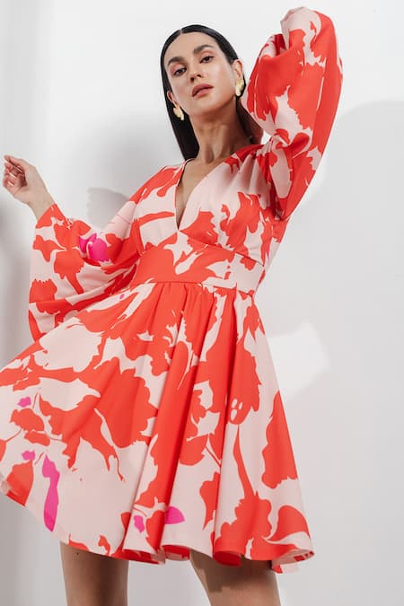 Buy_Zosia_Orange Recycled Polyester Digital Print V Neck Fit And Flare Dress _Online_at_Aza_Fashions