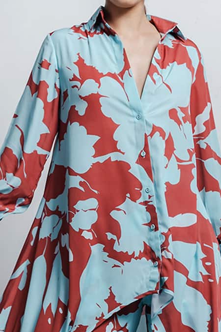 Zosia_Blue Recycled Polyester Digital Print Collared Neck Kurta Pant Set_Online_at_Aza_Fashions