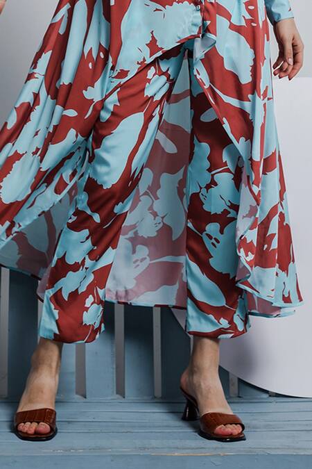 Buy_Zosia_Blue Recycled Polyester Digital Print Collared Neck Kurta Pant Set_Online_at_Aza_Fashions