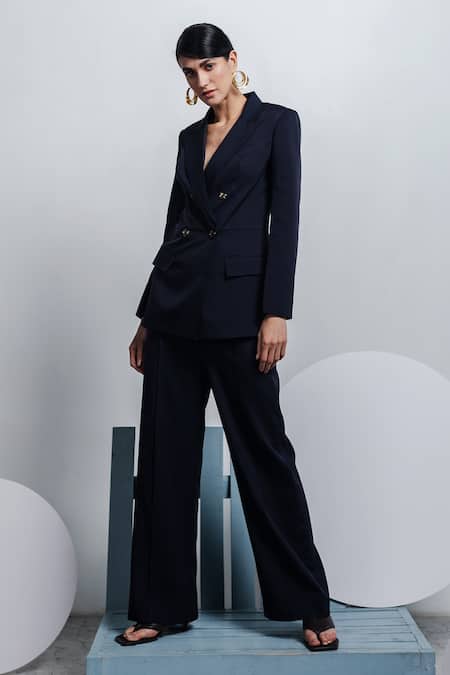 Formal Style Double Breasted Blazer With Wide Leg Pants Suit Set –  Stylesplash