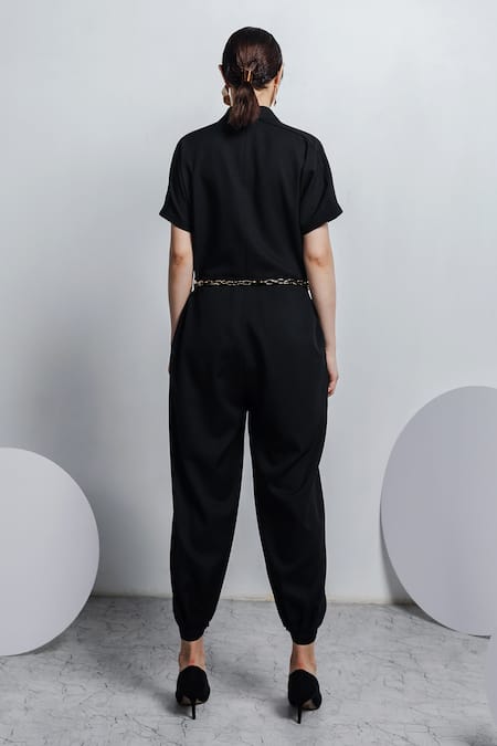 Shop Zosia Black Banana Crepe Collared Neck Jumpsuit at Aza Fashions Shop_Zosia_Black Banana Crepe Collared Neck Jumpsuit _at_Aza_Fashions