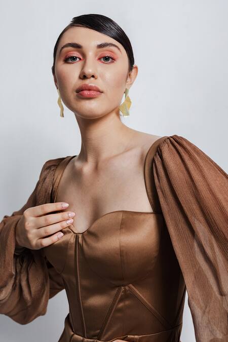 Zosia Brown Twill Satin Sweetheart Neck Corset Dress Online at Aza Fashions Zosia_Brown Twill Satin Sweetheart Neck Corset Dress _Online_at_Aza_Fashions