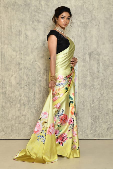 Samyukta Singhania_Yellow Satin Floral Pattern Saree_Online_at_Aza_Fashions
