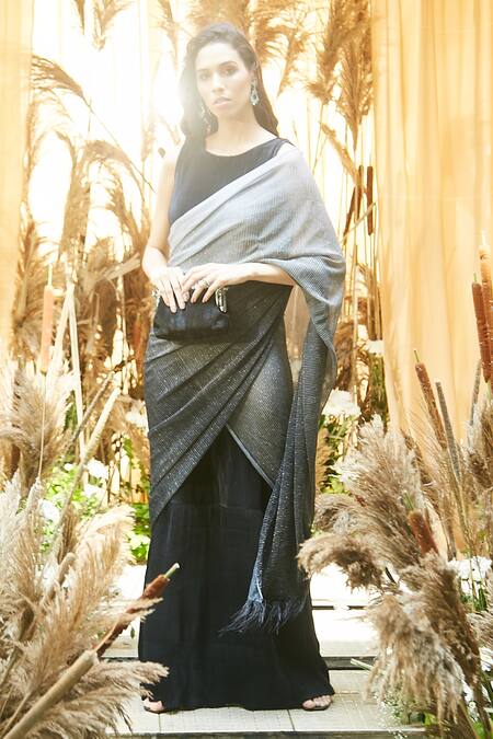 Tasuvure Indes_Silver Pleated Plain Round Metallic Pre-draped Saree Gown_Online_at_Aza_Fashions