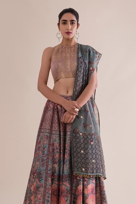 Ekaya Green Silk Round Handwoven Lehenga Set 