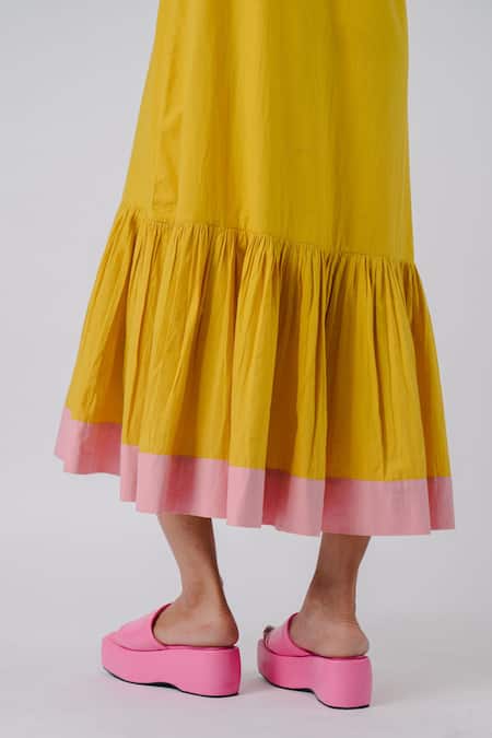 Tussah By Siddhi Shah Yellow Cotton V-neck Tiered Dress Online at Aza Fashions Tussah By Siddhi Shah_Yellow Cotton V-neck Tiered Dress _Online_at_Aza_Fashions