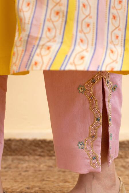 Pita Nila_Yellow Chanderi, Silk Organza Embroidery, Kira Floral Print Gathered Kurta Set _at_Aza_Fashions