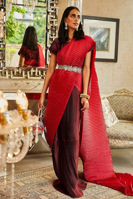 Buy_Tasuvure Indes_Red Pleated Polyester Round Saree Gown With Blouse_Online_at_Aza_Fashions