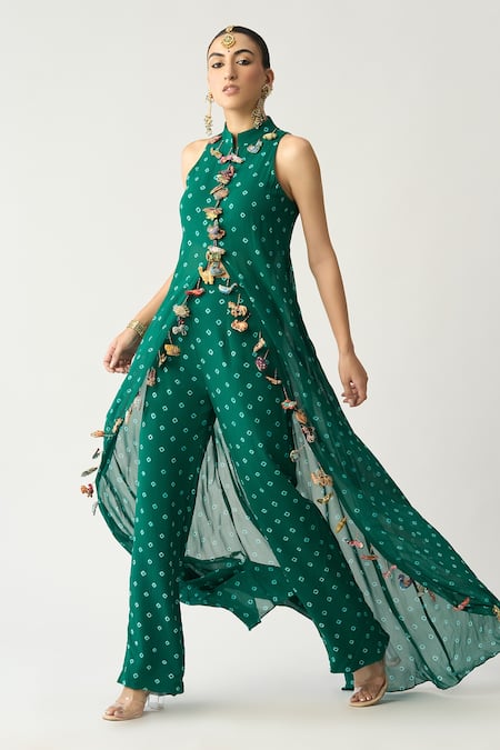 Itrh Green Georgette Bandhani High Neck Basanti Tunic And Pant Set