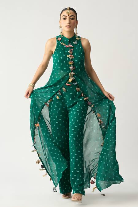 Itrh_Green Georgette Bandhani High Neck Basanti Tunic And Pant Set_Online_at_Aza_Fashions