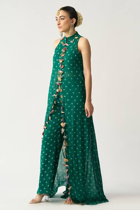 Shop_Itrh_Green Georgette Bandhani High Neck Basanti Tunic And Pant Set_Online_at_Aza_Fashions