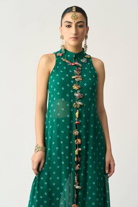 Itrh_Green Georgette Bandhani High Neck Basanti Tunic And Pant Set_at_Aza_Fashions