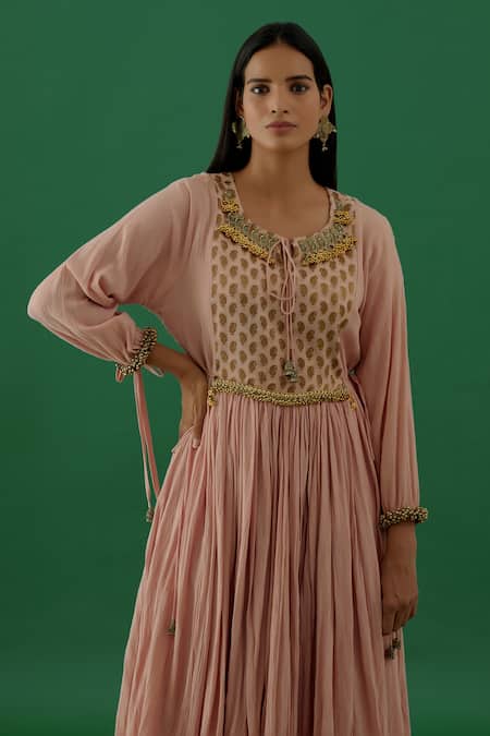 Shop 5elements Pink 100% Cotton With Silk Brocade Yoke Metal Peacock Anarkali Set Online at Aza Fashions Shop_5elements_Pink 100% Cotton With Silk Brocade Yoke Metal Peacock Anarkali Set _Online_at_Aza_Fashions