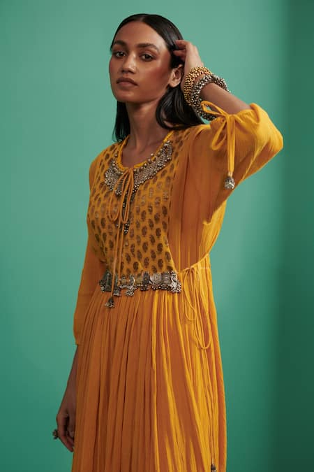Buy 5elements Yellow 100% Cotton With Silk Brocade Yoke Paisley Pattern Anarkali Set Online at Aza Fashions Buy_5elements_Yellow 100% Cotton With Silk Brocade Yoke Paisley Pattern Anarkali Set _Online_at_Aza_Fashions