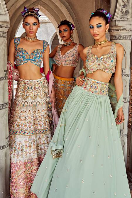 Shop Kaaisha By Shalini Green Georgette, Tulle Pearls, Sequins Floral Embroidered Bridal Lehenga Set Online at Aza Fashions Shop_Kaaisha By Shalini_Green Georgette, Tulle Pearls, Sequins Floral Embroidered Bridal Lehenga Set_Online_at_Aza_Fashions