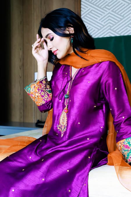 Buy Label Niti Bothra Purple Cupro Dupion V Neck Embroidered Kurta Palazzo Set Online at Aza Fashions Buy_Label Niti Bothra_Purple Cupro Dupion V Neck Embroidered Kurta Palazzo Set _Online_at_Aza_Fashions