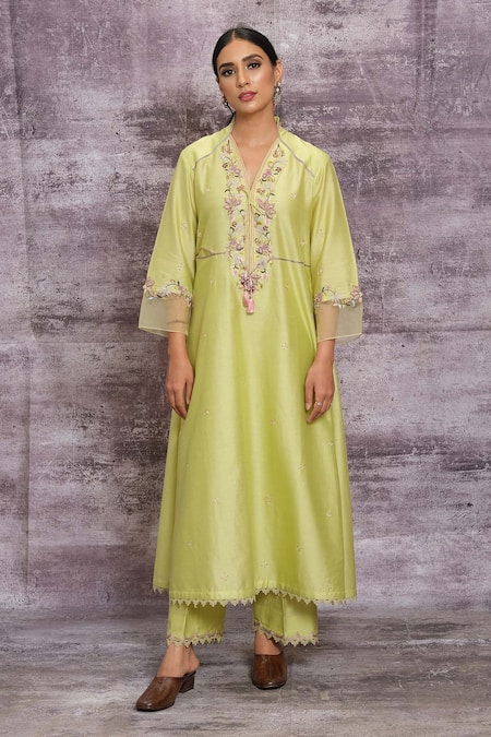 Buy Label Niti Bothra Green Organza, Chanderi Silk Thread Work Floral Embroidered Kurta And Palazzo Set Online at Aza Fashions Buy_Label Niti Bothra_Green Organza, Chanderi Silk Thread Work Floral Embroidered Kurta And Palazzo Set _Online_at_Aza_Fashions