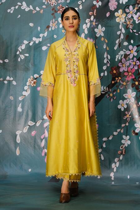 Buy Label Niti Bothra Yellow Organza, Chanderi Silk Thread Work Floral Embroidered Kurta And Palazzo Set Online at Aza Fashions Buy_Label Niti Bothra_Yellow Organza, Chanderi Silk Thread Work Floral Embroidered Kurta And Palazzo Set _Online_at_Aza_Fashions