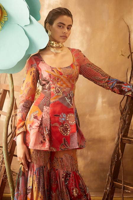 Shop_Aisha Rao_Red U Neck Embellished Kurta And Sharara Set _at_Aza_Fashions