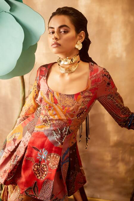 Buy_Aisha Rao_Red U Neck Embellished Kurta And Sharara Set _Online_at_Aza_Fashions