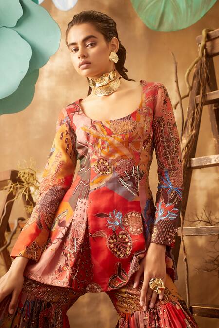 Shop_Aisha Rao_Red U Neck Embellished Kurta And Sharara Set _Online_at_Aza_Fashions