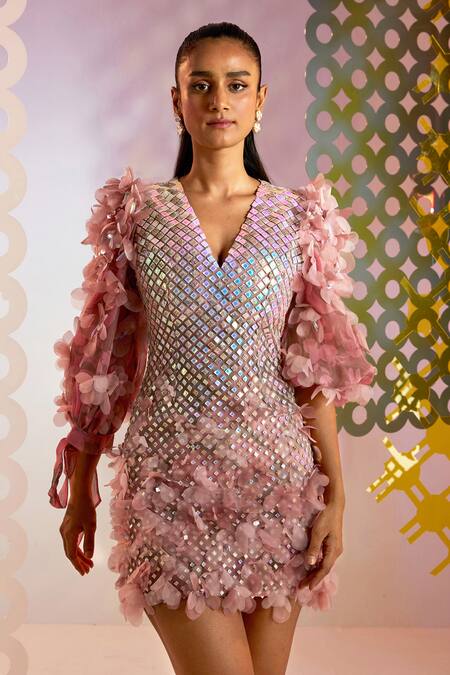Buy_Pankaj & Nidhi_Pink Organza, Tulle 3d Floral Applique V Neck Fiesta Embellished Dress _Online_at_Aza_Fashions