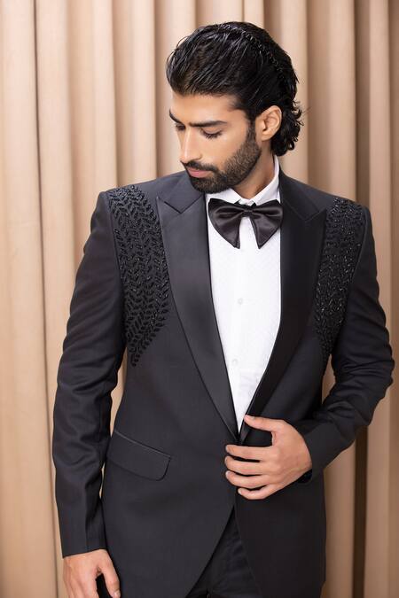 Shop_Ankit V Kapoor_Black Satin, Wool Embroidery Peak Lapel Tuxedo And Pant Set _Online_at_Aza_Fashions