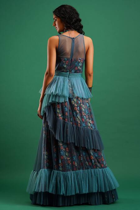 Shop Nidhi Yasha Blue Viscose Embroidery Sweetheart Neck Printed Dress at Aza Fashions Shop_Nidhi Yasha_Blue Viscose Embroidery Sweetheart Neck Printed Dress _at_Aza_Fashions