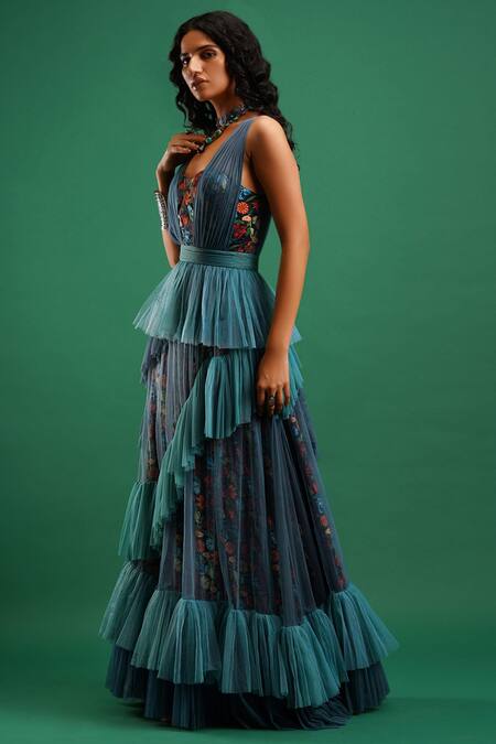 Nidhi Yasha Blue Viscose Embroidery Sweetheart Neck Printed Dress Online at Aza Fashions Nidhi Yasha_Blue Viscose Embroidery Sweetheart Neck Printed Dress _Online_at_Aza_Fashions