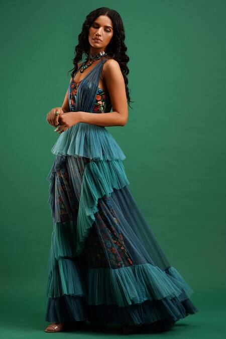 Buy Nidhi Yasha Blue Viscose Embroidery Sweetheart Neck Printed Dress Online at Aza Fashions Buy_Nidhi Yasha_Blue Viscose Embroidery Sweetheart Neck Printed Dress _Online_at_Aza_Fashions