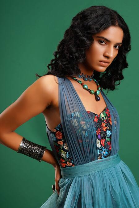 Nidhi Yasha Blue Viscose Embroidery Sweetheart Neck Printed Dress at Aza Fashions Nidhi Yasha_Blue Viscose Embroidery Sweetheart Neck Printed Dress _at_Aza_Fashions