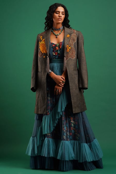 Nidhi Yasha Green Viscose Lapel Collar Embroidered Jacket