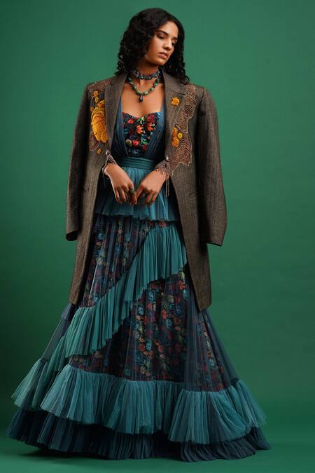 Nidhi Yasha_Green Viscose Lapel Collar Embroidered Jacket _Online_at_Aza_Fashions