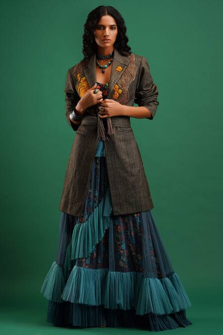 Buy_Nidhi Yasha_Green Viscose Lapel Collar Embroidered Jacket _Online_at_Aza_Fashions
